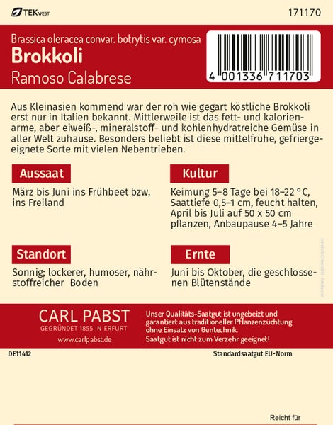 Rückseite einer Samentüte für Brokkoli Ramoso Calabrese mit Informationen zu Aussaat, Kultur, Standort und Ernte. Carl Pabst Logo.