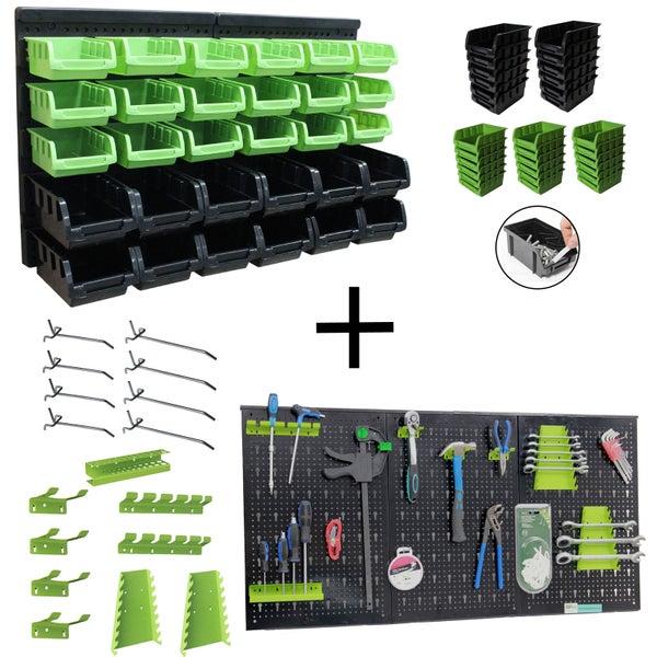 Werkzeugwand Set mit Sichtlagerkästen und Halterungen zur Wandmontage für eine organisierte Werkstatt.