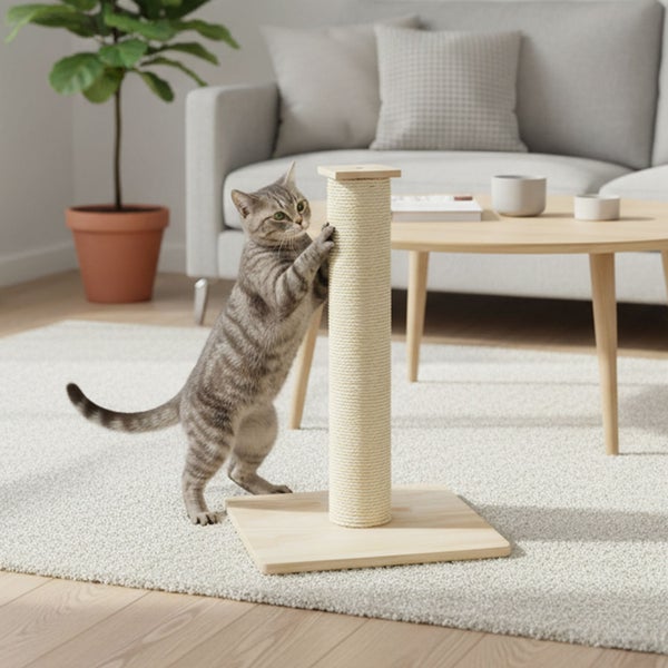Eine gestreifte Katze nutzt einen Kratzbaum mit Sisalstamm und Holzfuß in einem hellen Wohnzimmer mit Sofa und Couchtisch.