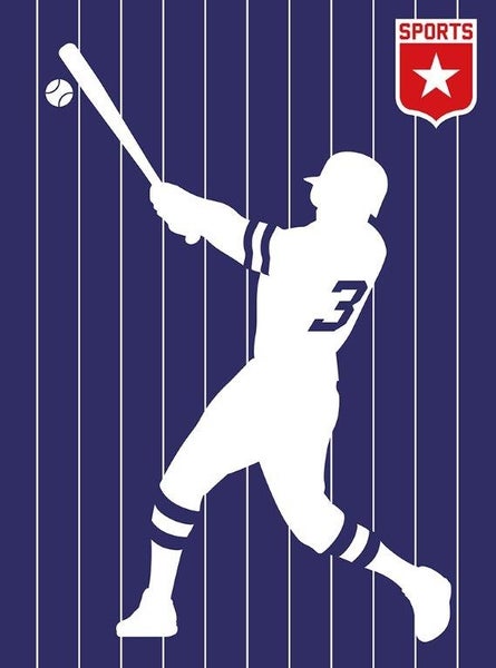 Grafisches Poster mit der Silhouette eines Baseballspielers mit der Nummer 3, der einen Schläger nach einem Ball schwingt, sowie einem Sport-Logo.