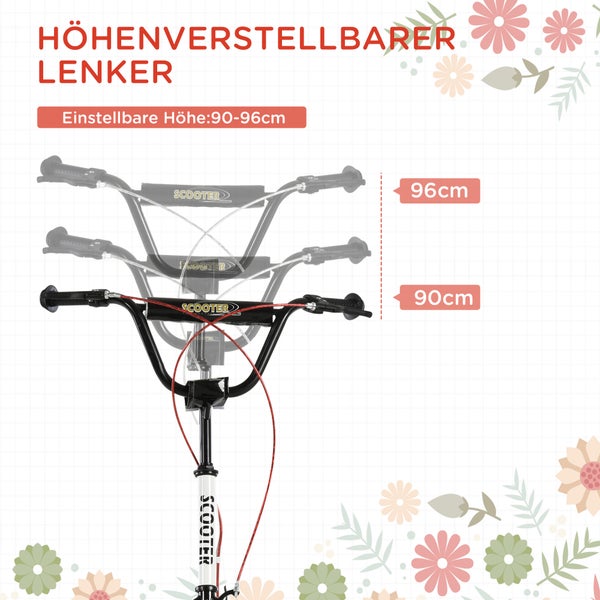 HOMCOM Kinderroller, 139L x 58B x 90-96H cm, Stahl, Aluminium, Gummi, Weiß