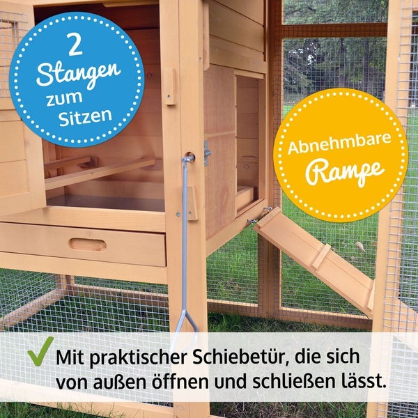 Hühnerstall aus Holz mit zwei Sitzstangen, einer abnehmbaren Rampe und einer von außen bedienbaren Schiebetür.