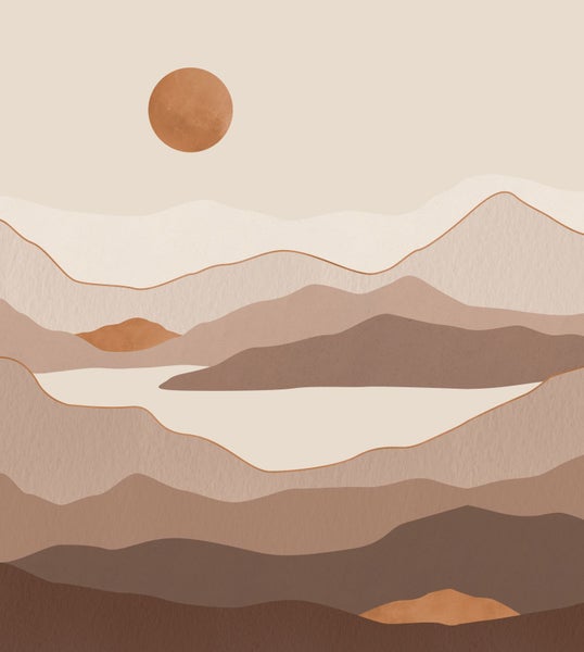 Abstrakte Darstellung einer Berglandschaft mit Sonne