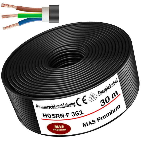 MAS Premium Gummischlauchleitung H05RN-F 3G1, 30 Meter – flexibles schwarzes Stromkabel mit drei Adern für innen und außen.