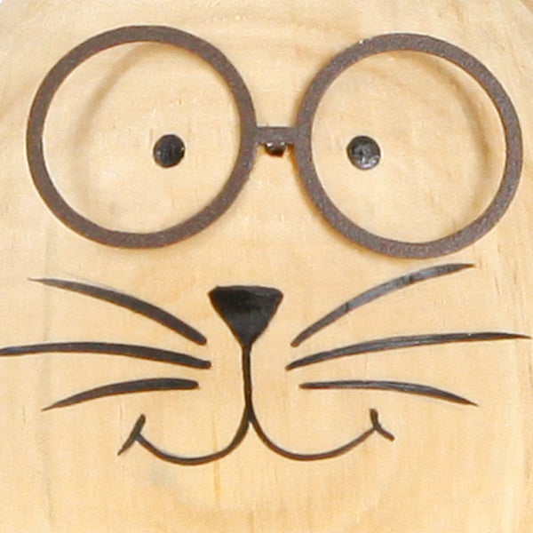 Gesicht einer Katze mit Brille aus Holz