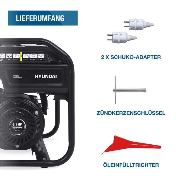 Lieferumfang Hyundai Inverter Stromerzeuger HY3800i mit zwei Schuko-Adaptern, Zündkerzenschlüssel und Öleinfülltrichter.