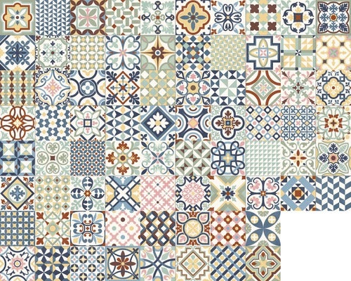 Patchwork-Fliesen mit verschiedenen geometrischen und floralen Mustern im dekorativen Stil.