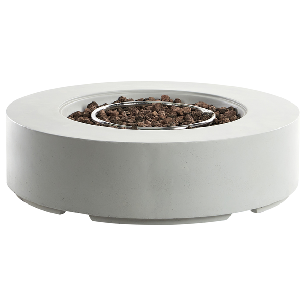 Runde Gas-Feuerstelle in Beton-Optik mit einem Brennerring aus Metall, seitlichem Bedienfeld und Beliani Logo.