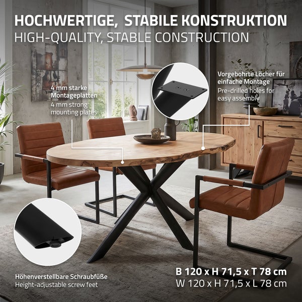 Esszimmertisch mit ovaler Massivholzplatte und Metallgestell in einem modern eingerichteten Raum mit Stühlen