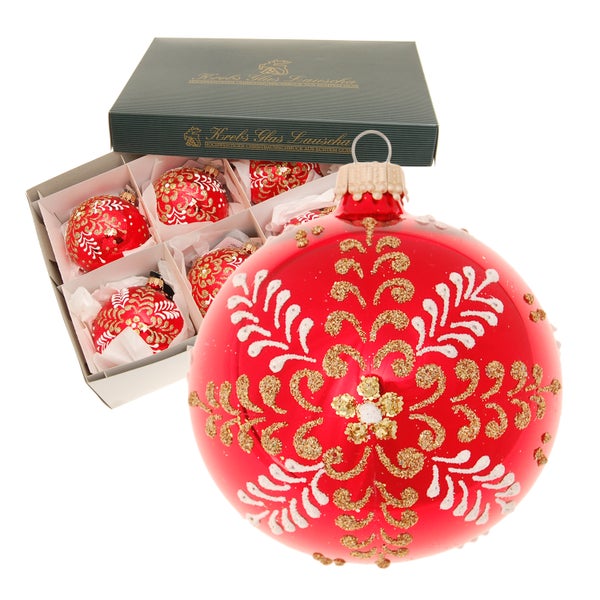 Rot glanz 8cm Glaskugel Blumen-Stil mundgeblasen und handdekoriert , 6 Stck., Weihnachtsbaumkugeln, Christbaumschmuck, Weihnachtsbaumanhänger