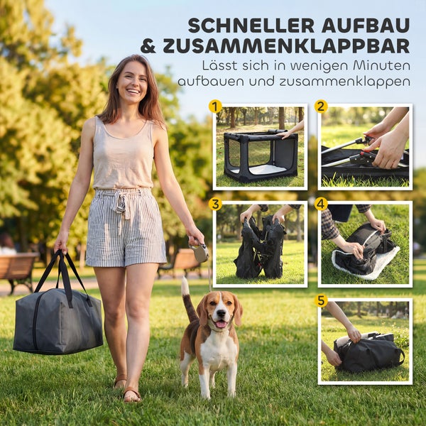 Frau geht mit einem Beagle spazieren und trägt eine Hundetransportbox in einer Tasche. Fünf Bilder zeigen das schnelle Zusammenklappen der Box.