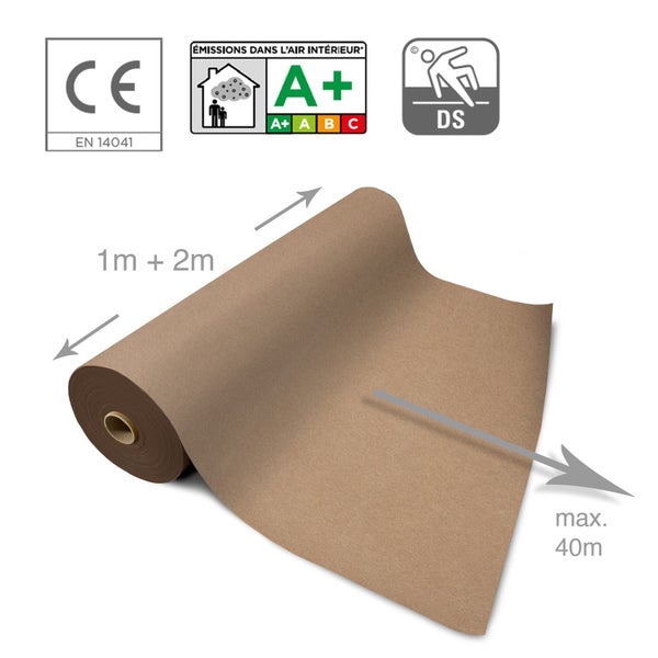 Eine Bodenbelagsrolle mit Maßangaben 1 Meter und 2 Meter Breite sowie 40 Meter Länge, inklusive CE Kennzeichnung und Emissionsklasse A Plus.