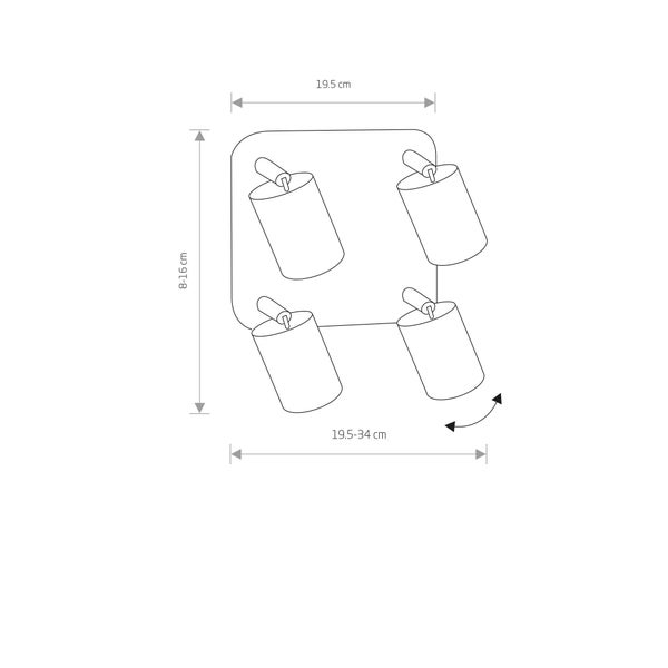 Technische Zeichnung eines 4-flammigen Deckenstrahlers mit Maßen: Breite 19,5 Zentimeter, Höhe 8 bis 16 Zentimeter, Gesamtbreite 19,5 bis 34 Zentimeter.