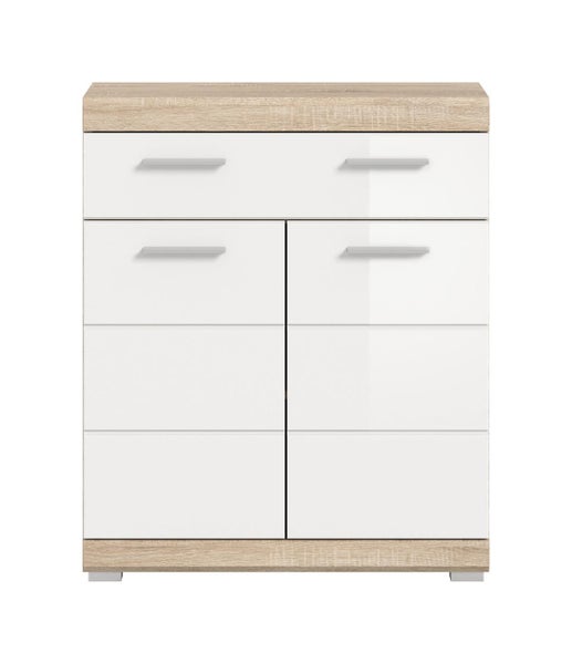 Moderner Schuhschrank mit einer Schublade und zwei Türen, weiße Hochglanzfronten, Abdeckplatte und Sockel in Eichenoptik.