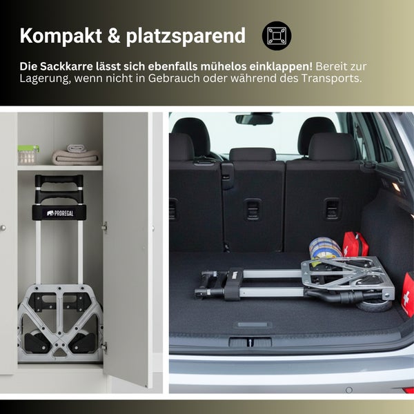 Zusammenklappbare Sackkarre, platzsparend verstaut in einem Schrank und im Kofferraum eines Autos. Proregal Logo sichtbar.