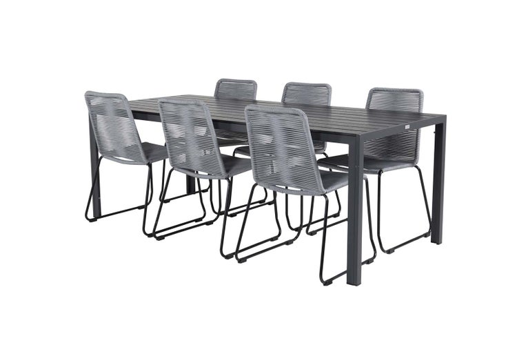 Break Gartenset Tisch 90x205cm schwarz, 6 Stühle Lindos grau. 90 X 205 X 74 cm