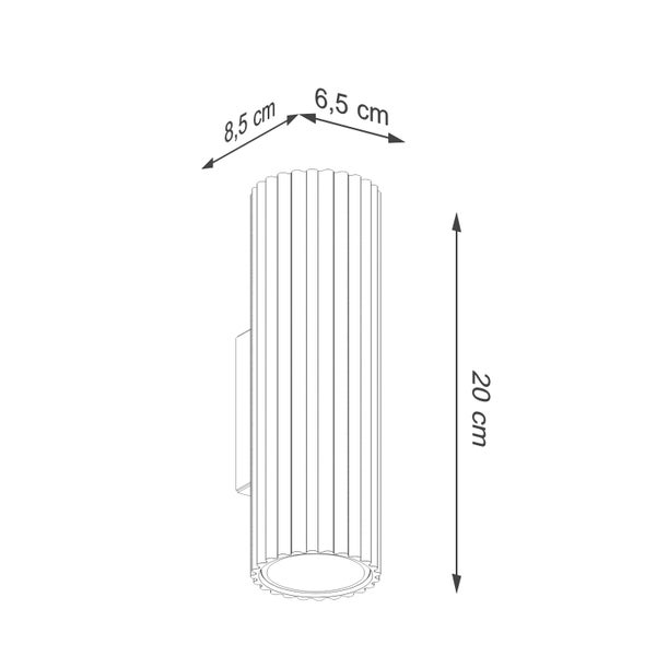 Technische Zeichnung einer Wandleuchte mit den Maßen 20 cm Höhe, 8,5 cm Breite und 6,5 cm Tiefe.