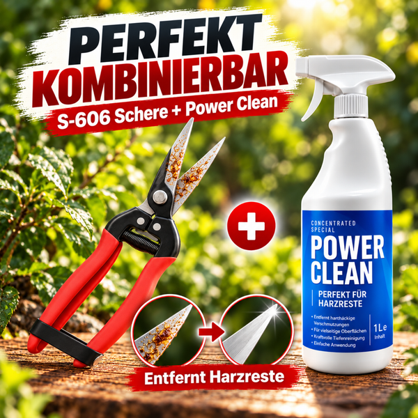 Set bestehend aus S-606 Gartenschere und Power Clean Spezialreiniger zur Entfernung von Harzresten von Klingen und Oberflächen.