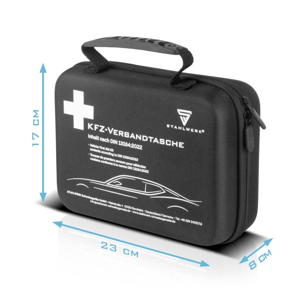 Auto Verbandtasche nach DIN 13164:2022 mit Stahlwerk Logo und den Maßen 23 mal 17 mal 8 Zentimeter