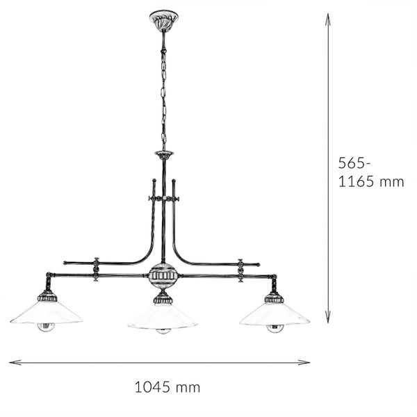 Zeichnung einer Pendelleuchte mit drei Lampen und den Maßen 565 bis 1165 Millimeter Höhe und 1045 Millimeter Breite.
