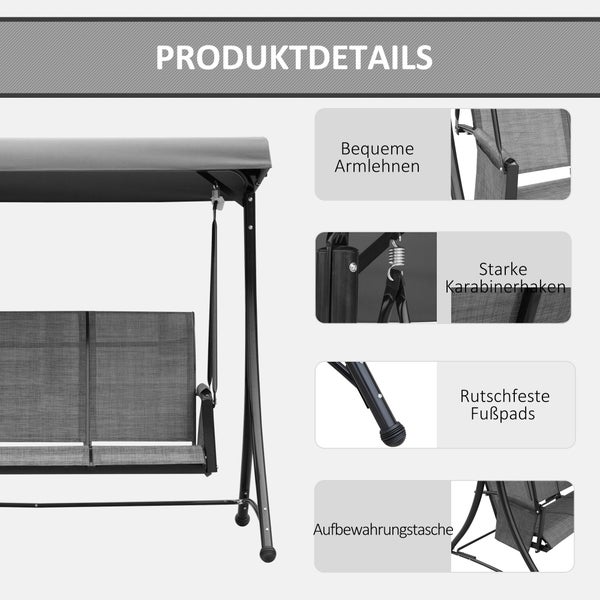 Outsunny Hollywoodschaukel, 3-Sitzer Gartenschaukel mit Sonnendach, 196 x 128 x 172 cm, Aluminium, Grau