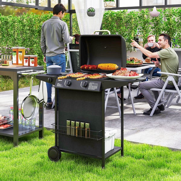 Outsunny Gasgrill 7 KW Grillwagen inkl 3 Brenner Seitenkocher Rolle Druckminderer Deckel Gasschlauch 2 Heizzonen Thermometer Seitenablagen, BBQ Gartengrill für Balkon, Grill 107 x 54 x 96 cm