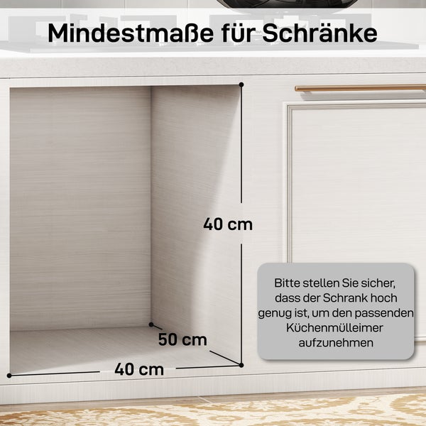 Grafik mit Mindestmaßen für Küchenschrank mit 40 Zentimeter Höhe, 50 Zentimeter Tiefe und 40 Zentimeter Breite zur Einbauvorbereitung.