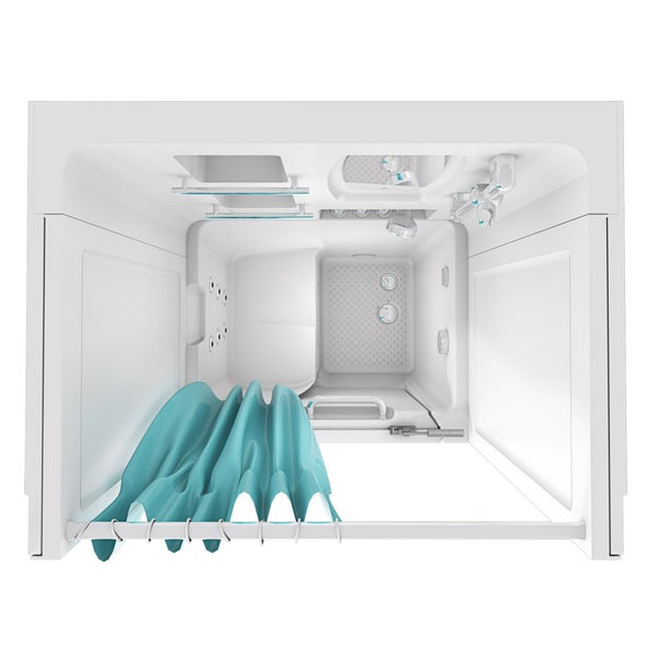 Barrierefreie Sitzbadewanne mit integrierter Tür, hohen Rückwänden und einem türkisfarbenen Duschvorhang.