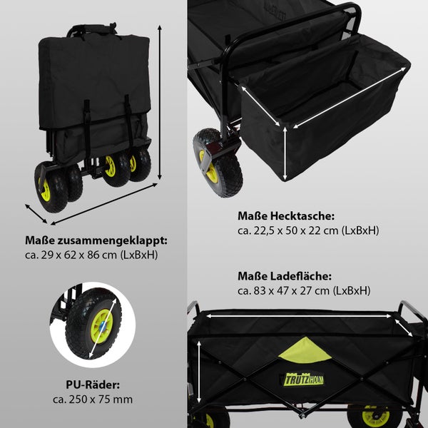 Bollerwagen mit Polyurethan Rädern, zusammengeklappt und mit Abmessungen der Ladefläche und Hecktasche