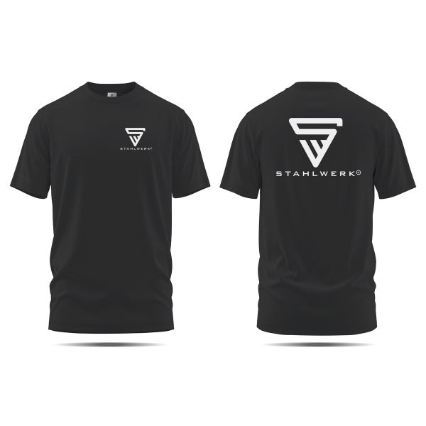 Schwarzes T-Shirt mit Stahlwerk Logo, Vorder- und Rückansicht