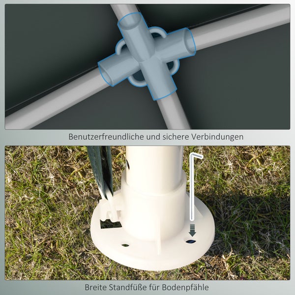 Detailaufnahme der benutzerfreundlichen Verbindungen und breiten Standfüße für Erdnägel eines Pavillons