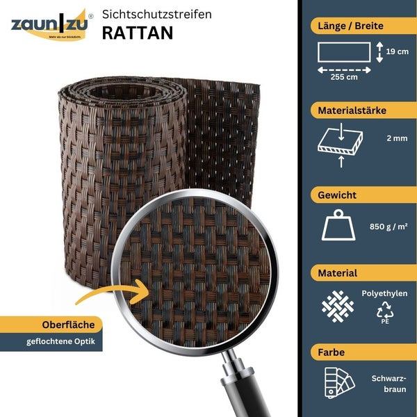 Zaun zu Sichtschutzstreifen Rattan mit einer Länge von 255 cm, einer Breite von 19 cm, einer Materialstärke von 2 mm und einem Gewicht von 850 g pro Quadratmeter aus Polyethylen in Schwarzbraun