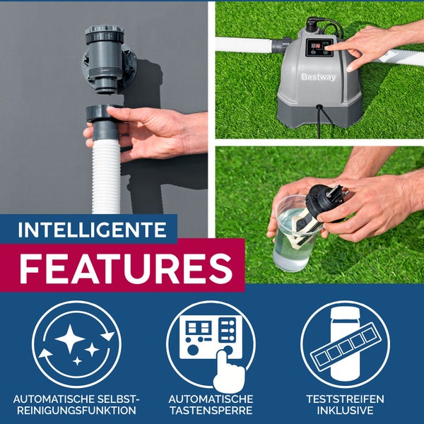 Bestway Flowclear Sandfilteranlage mit intelligenter Feature-Darstellung: automatische Selbstreinigungsfunktion, automatische Tastensperre und inklusive Teststreifen