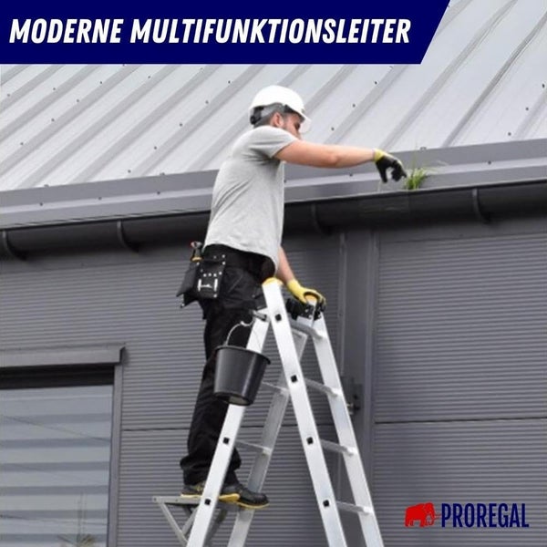 PROREGAL Sprossen-Mehrzweckleiter Economy Plus 3-Teilig mit Traverse 3 x 8 Sprossen Arbeitshöhe 5,05 m Traglast 150 kg