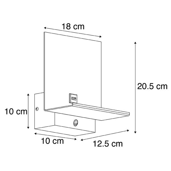 Technische Zeichnung einer Wandleuchte mit Ablage und Maßangaben