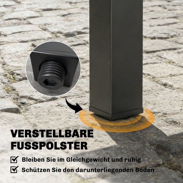 Detailansicht eines verstellbaren Fußpolsters an einem quadratischen Möbelbein zum Schutz des Bodens und zum Ausgleich von Unebenheiten.