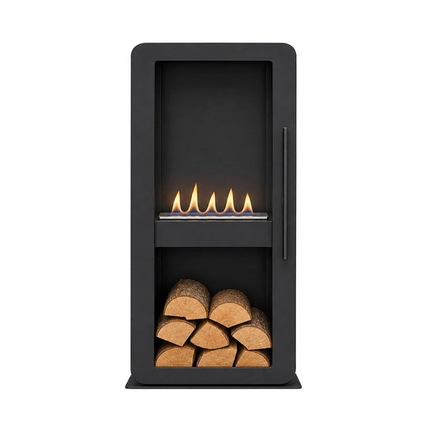 Freistehender Ethanolkamin mit integriertem Holzlagerfach in modernem Design