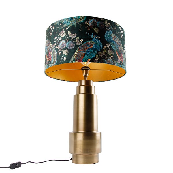 Tischleuchte mit Lampenschirm, Pfauenmuster und goldenem Lampenfuß