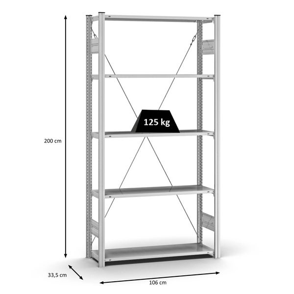 PROREGAL Profi Lagerregal Stecksystem T-Profil Grundregal HxBxT 200 x 100 x 30 cm Fachlast 125 kg Verzinkt