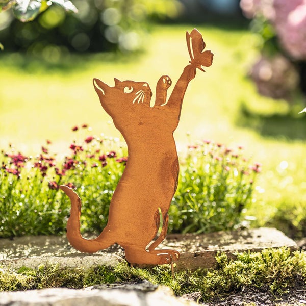 FRANK FLECHTWAREN | Gartenstecker Katze mit Schmetterling, METALL, 16,5 x 0,4 x 48,5 cm