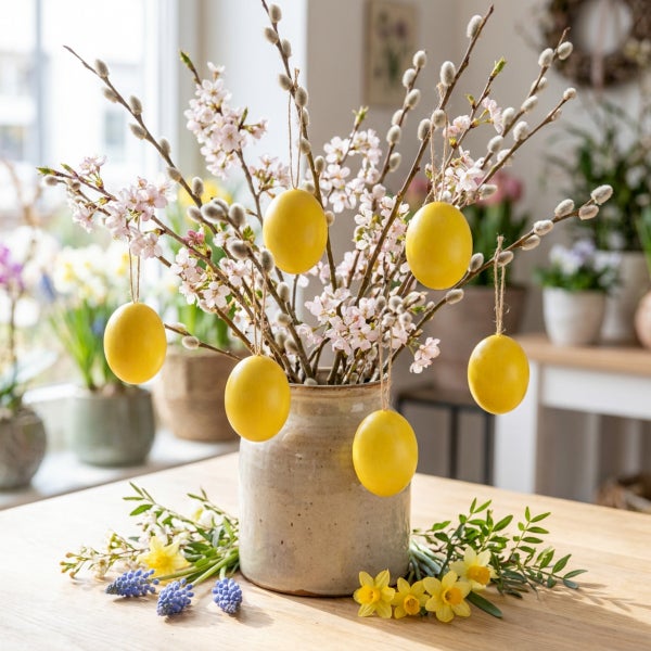 Osterdekoration mit Weidenkätzchen und Kirschblüten in einer Steingutvase, geschmückt mit hängenden Ostereiern auf einem Holztisch.