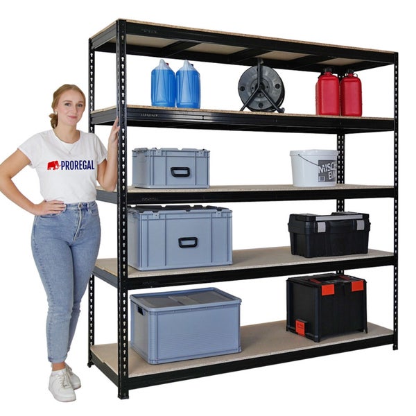 PROREGAL Profi Schwerlastregal Bison HxBxT 200 x 180 x 60 cm 5 Spanplatten-Ebenen 16mm Fachlast 600 kg Schwarz