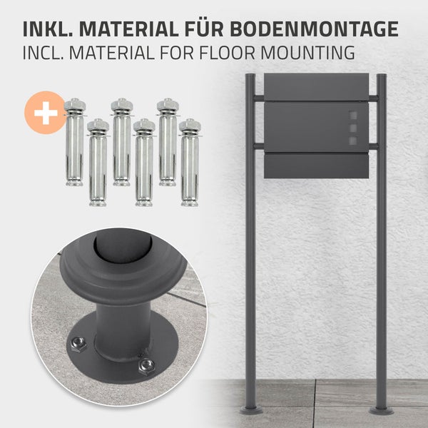 Standbriefkasten in Anthrazit mit zwei Pfosten inklusive Montagematerial aus sechs Metallankern für die Bodenbefestigung.