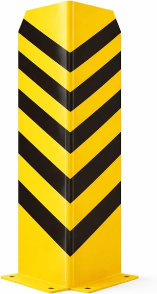 Anfahrschutz für Ecken aus Stahl mit gelb-schwarzer Markierung und Bodenplatte zur Bodenmontage.