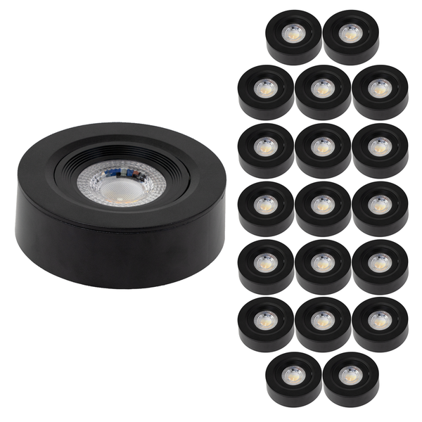 Set von 20 runden, schwarzen LED-Aufbaustrahlern aus Kunststoff für die Deckenmontage.