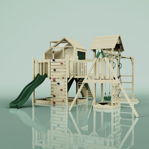 Spielturm aus Holz mit Rutsche, Schaukel und Kletterwand