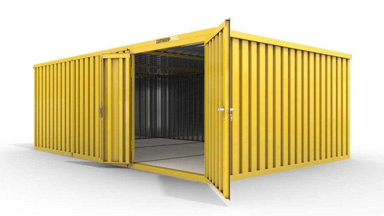Lagercontainer Gerätehaus XL3  – 32 qm, H2150 x B5080 x T6520 mm, Außenwandlackierung RAL 1003 signalgelb, Dach außen verzinkt, mit Holzfußboden, 1830 mm Doppelflügeltür mittig in Modul D, montiert