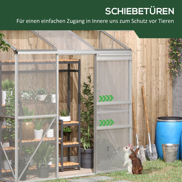 Outsunny Gewächshaus, Treibhaus mit Schiebetür, 192 x 68 x 196 cm, Polycarbonat und Alu, Silber
