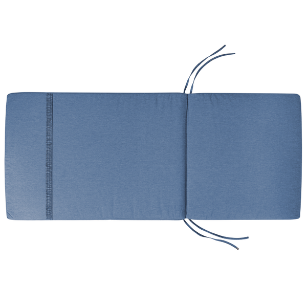 Blaue gepolsterte Auflage für Sonnenliegen mit Befestigungsbändern, rechteckige Form, strukturiertes Gewebe.