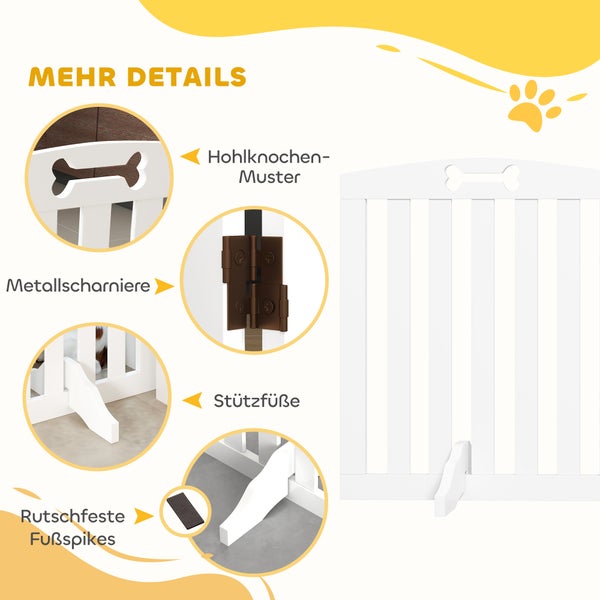 PawHut Absperrgitter Hund 4-teilig, 207,5 x 61 cm Faltbar Türschutzgitter mit 2 Stützfüßen, Freistehend Hundegitter, Treppengitter für mittelgroße Hunde, für Flur, Treppe, Weiß